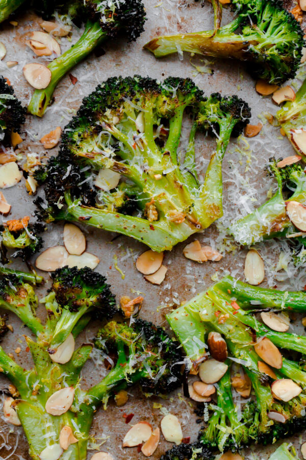 Crack Brocoli. Roasted broccoli with toasted almonds, lemon, red pepper flakes, and pecorino. This side dish is so addicting!