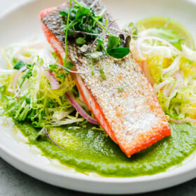 Seared Sockeye Salmon with Green Adobo Sauce and Frisée Salad. This elegant main course recipe can be prepared in less than 45 minutes!