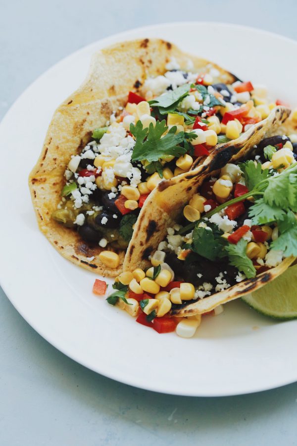 Southwestern Black Bean Tacos. These vegetarian tacos are topped with a fresh corn salsa!