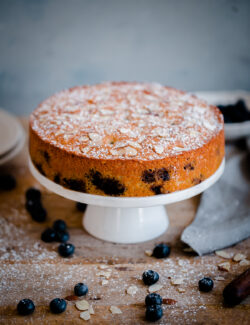Blueberry Almond Tea Cake. A simple almond cake recipe studded with fresh blueberries and sliced almonds!