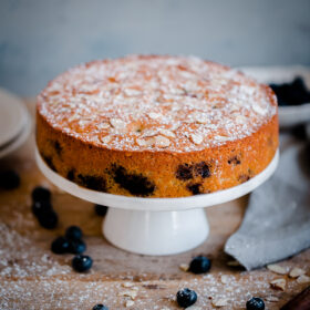Blueberry Almond Tea Cake. A simple almond cake recipe studded with fresh blueberries and sliced almonds!