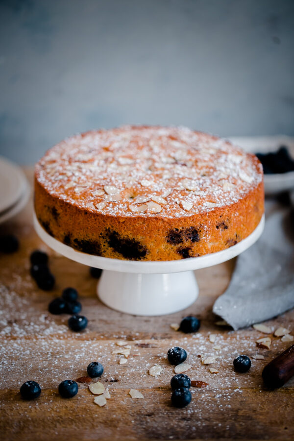 Blueberry Almond Tea Cake. A simple almond cake recipe studded with fresh blueberries and sliced almonds! 