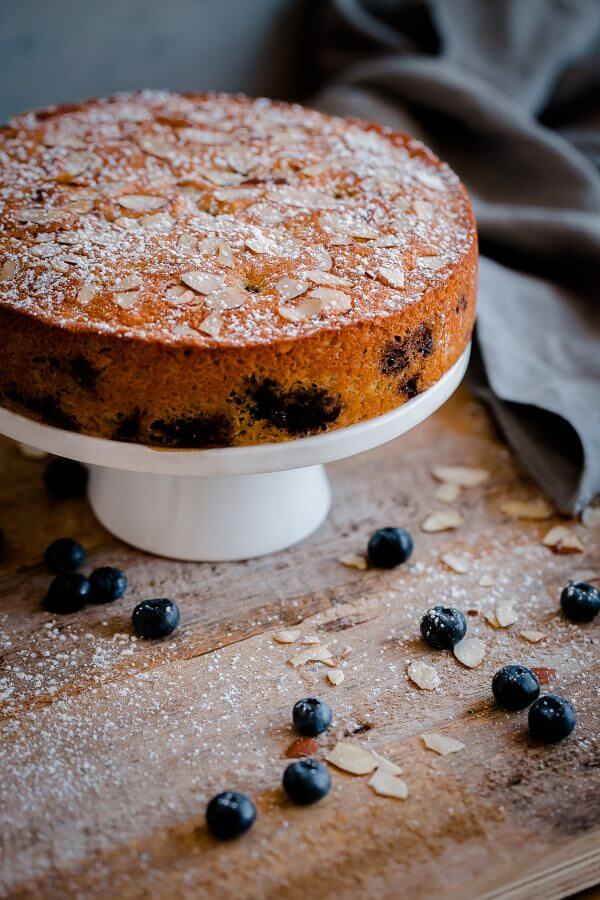 Blueberry Almond Tea Cake. A simple almond cake recipe studded with fresh blueberries and sliced almonds! 