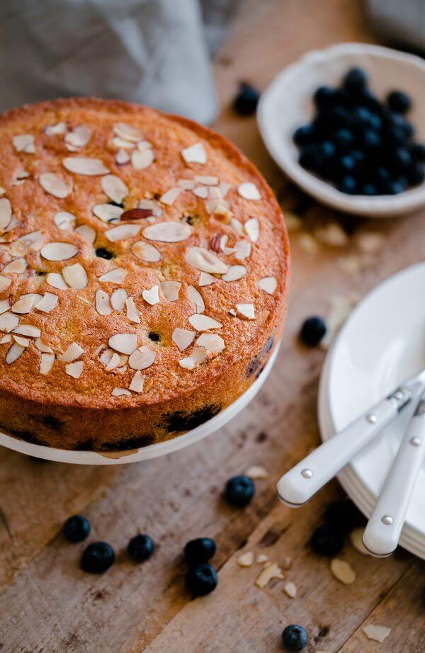 Blueberry Almond Tea Cake. A simple almond cake recipe studded with fresh blueberries and sliced almonds! 