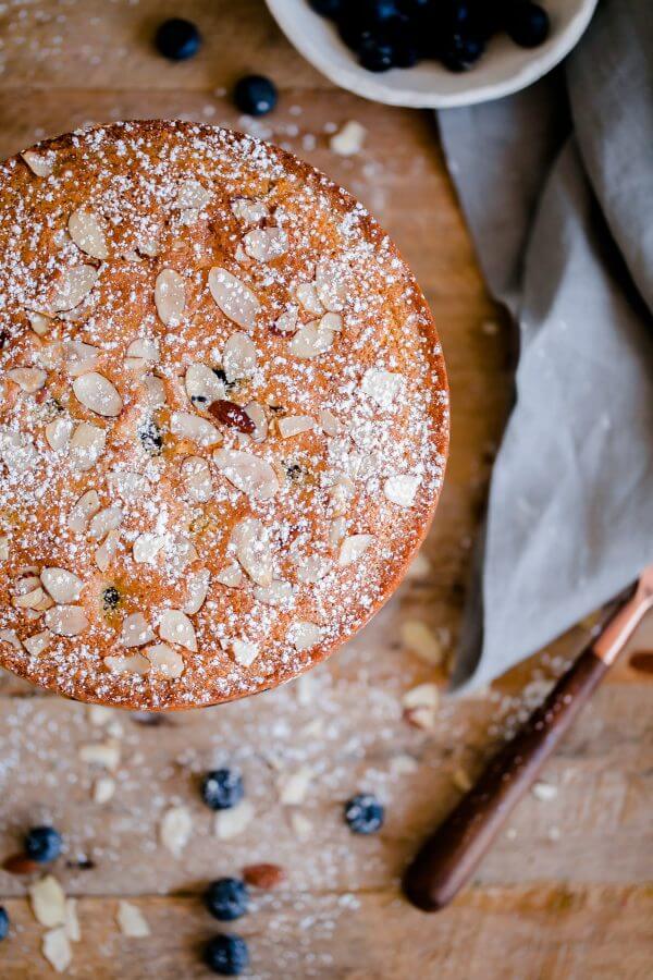 Blueberry Almond Tea Cake. A simple almond cake recipe studded with fresh blueberries and sliced almonds! 