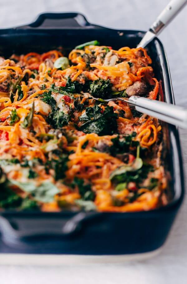 Rutabaga Baked Ziti with Mushrooms and Kale. A healthy twist on baked ziti made with rutabaga noodles! You'd never believe how hearty this is.
