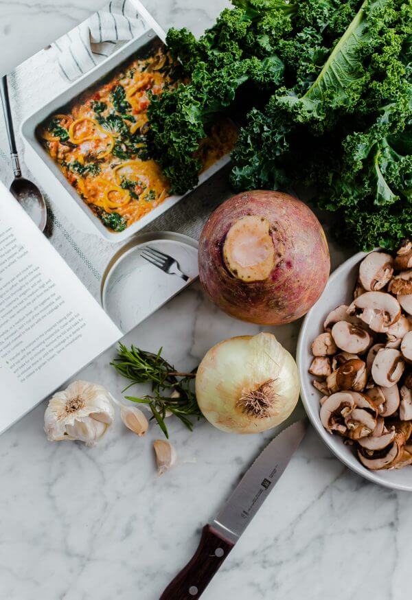 Rutabaga Baked Ziti with Mushrooms and Kale. A healthy twist on baked ziti made with rutabaga noodles! You'd never believe how hearty this is.