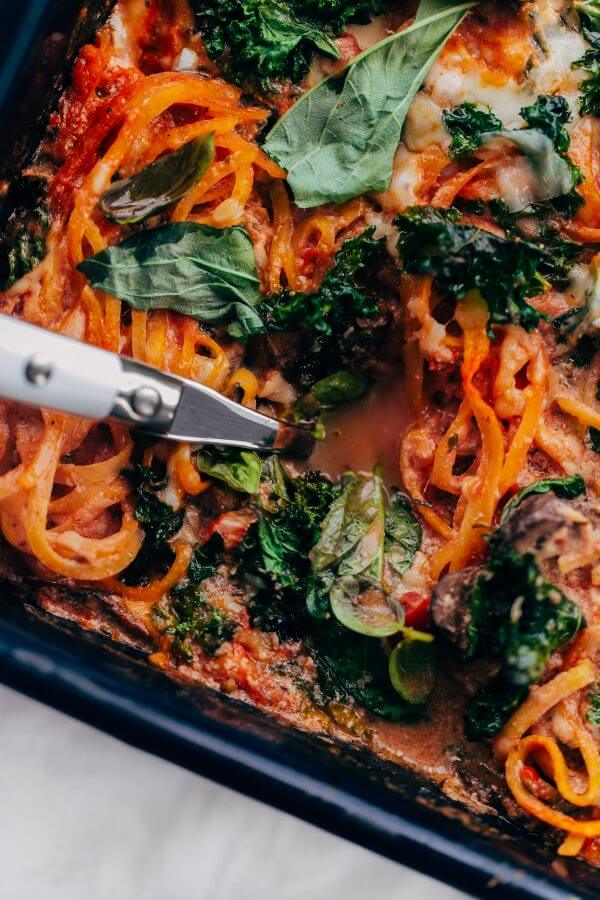 Rutabaga Baked Ziti with Mushrooms and Kale. A healthy twist on baked ziti made with rutabaga noodles! You'd never believe how hearty this is.