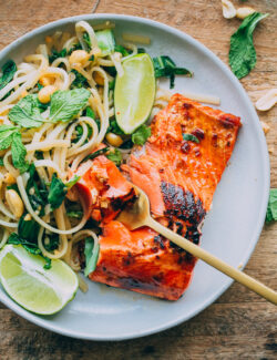 Thai Noodle Salad with Glazed Salmon. This flavor packed main course can be prepared in less than 45 minutes!
