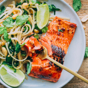 Thai Noodle Salad with Glazed Salmon. This flavor packed main course can be prepared in less than 45 minutes!