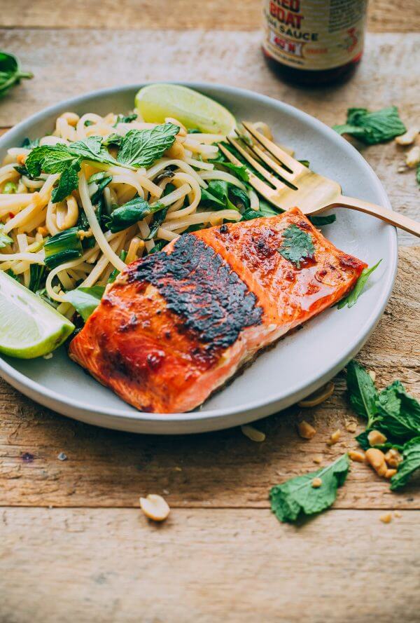 Thai Noodle Salad with Glazed Salmon. This flavor packed main course can be prepared in less than 45 minutes!