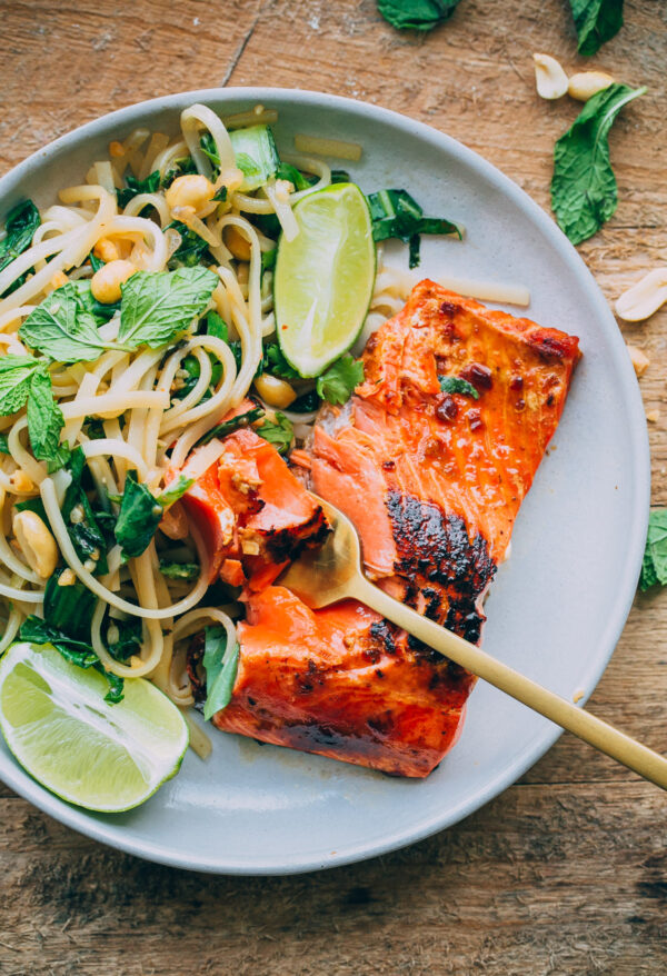 Thai Noodle Salad with Glazed Salmon. This flavor packed main course can be prepared in less than 45 minutes!