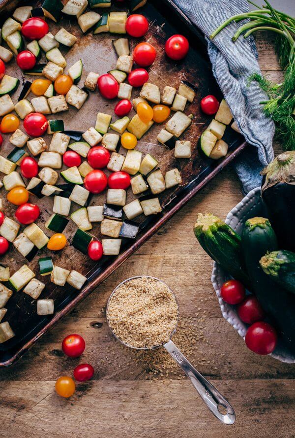 Za'atar Grilled Chicken Bulgur Bowls with Tahini Sauce - grilled chicken is paired with bulgur, roasted vegetables, feta cheese, and tahini sauce in this healthy main course. 