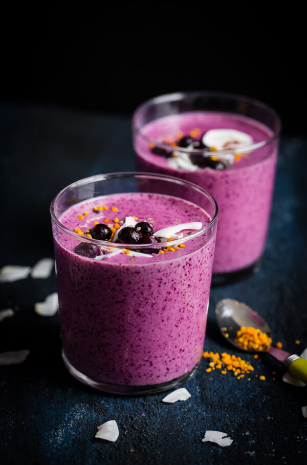 Simple Berry Smoothie - made with greek yogurt, frozen berries, coconut water, and my favorite smoothie addition: almond buttter. 