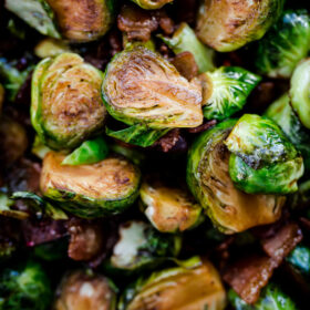 Maple Bacon Brussels Sprouts. Sweet and salty Brussels sprouts side dish with crispy bacon, balsamic vinegar, and maple syrup!