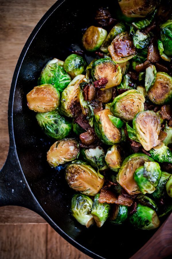 Maple Bacon Brussels Sprouts. Sweet and salty Brussels sprouts side dish with crispy bacon, balsamic vinegar, and maple syrup!