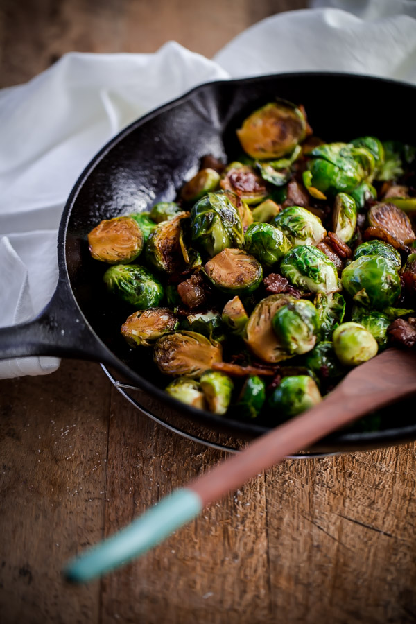 Maple Bacon Brussels Sprouts. Sweet and salty Brussels sprouts side dish with crispy bacon, balsamic vinegar, and maple syrup! 
