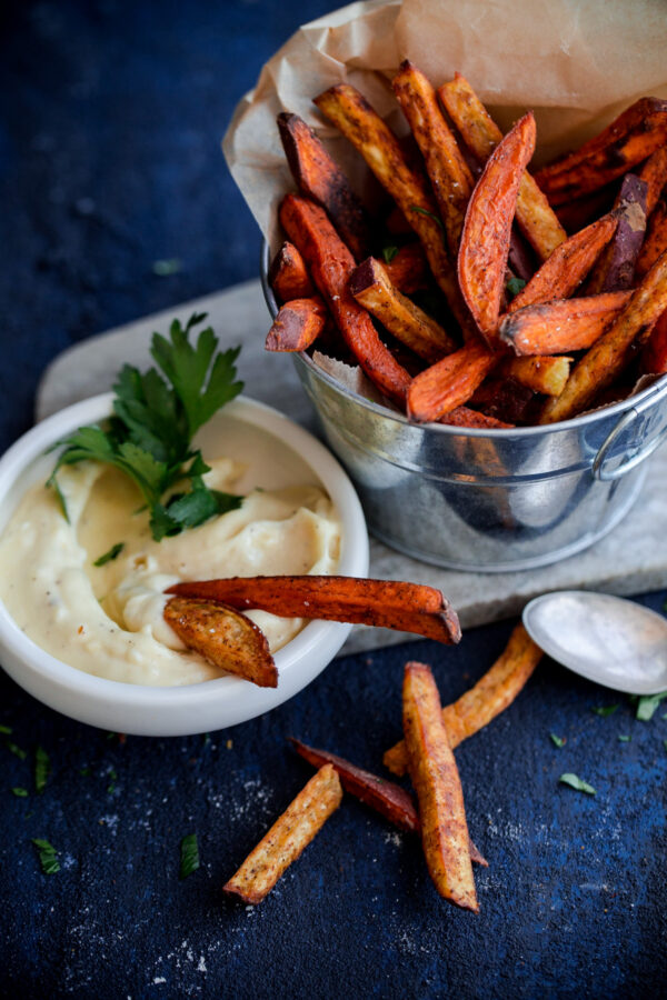 Crispy Baked Spiced Sweet Potato Fries with Garlic Aioli. A comforting fall appetizer or snack! 