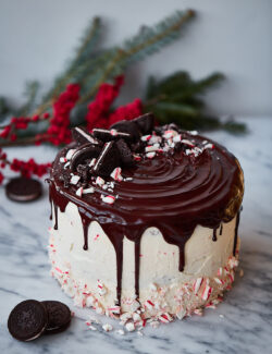 Candy Cane Crunch Cake. Peppermint chocolate layer cake filled with candy cane Swiss meringue buttercream and topped with peppermint ganache. Perfect celebration cake for the holidays!