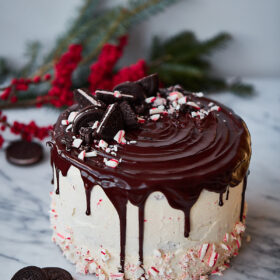 Candy Cane Crunch Cake. Peppermint chocolate layer cake filled with candy cane Swiss meringue buttercream and topped with peppermint ganache. Perfect celebration cake for the holidays!