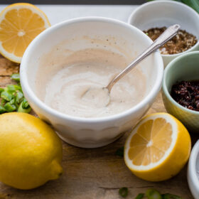 EASY Lemon Tahini Sauce made with just two ingredients! Use on grilled vegetables, chicken, meat, seafood, or thin it down and use a simple salad dressing.