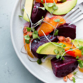 Roasted Beet Salad with Orange and Avocado. An EASY healthy salad recipe packed with healthy fats, texture, and nutrition!