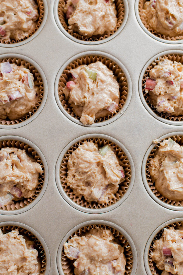 Rhubarb Muffin Batter in Muffin Tin