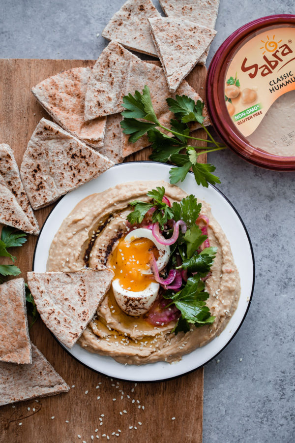 Hummus with Soft Boiled Egg, Pickled Onion, Parsley, and Sumac Oil