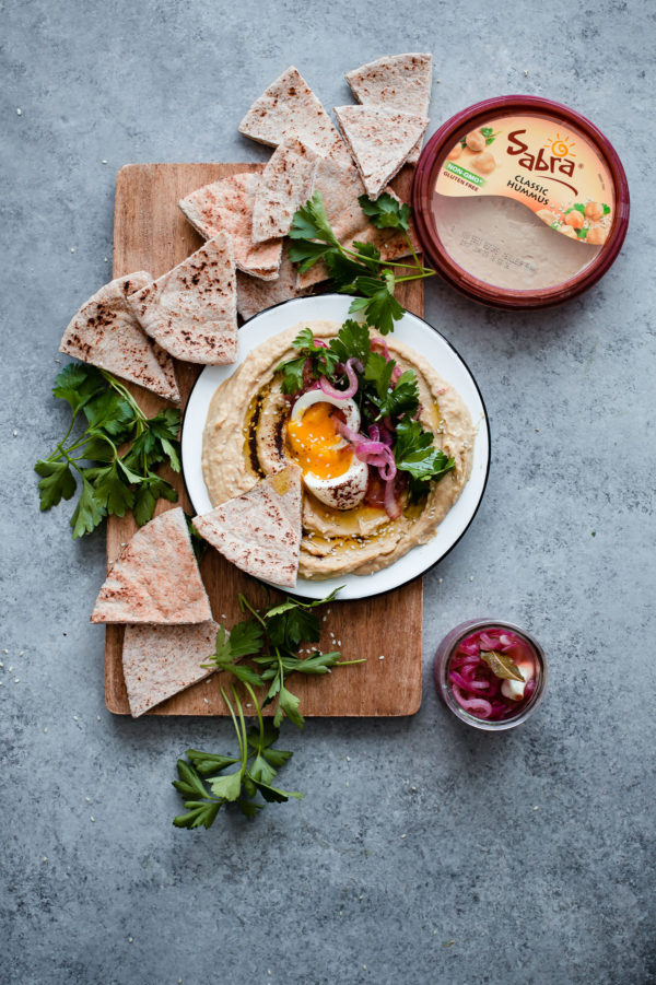 Hummus with Soft Boiled Egg, Pickled Onion, Parsley, and Sumac Oil