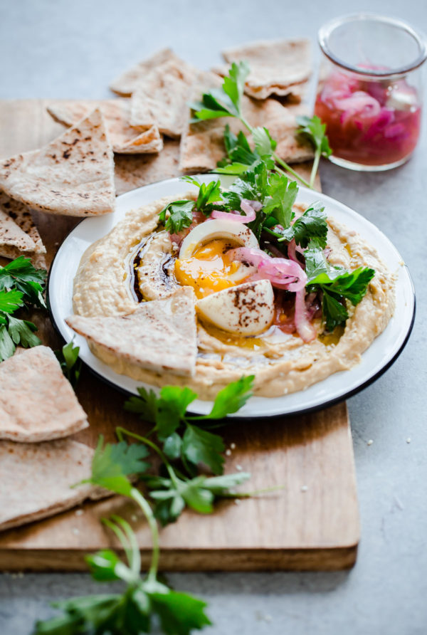 Hummus with Soft Boiled Egg, Pickled Onion, Parsley, and Sumac Oil