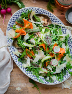 Shaved Vegetable Arugula Salad Recipe with Parmesan. A beautiful summer salad filled with shaved vegetables and tossed with lemon vinaigrette!