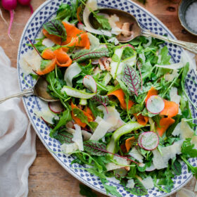 Shaved Vegetable Arugula Salad Recipe with Parmesan. A beautiful summer salad filled with shaved vegetables and tossed with lemon vinaigrette!