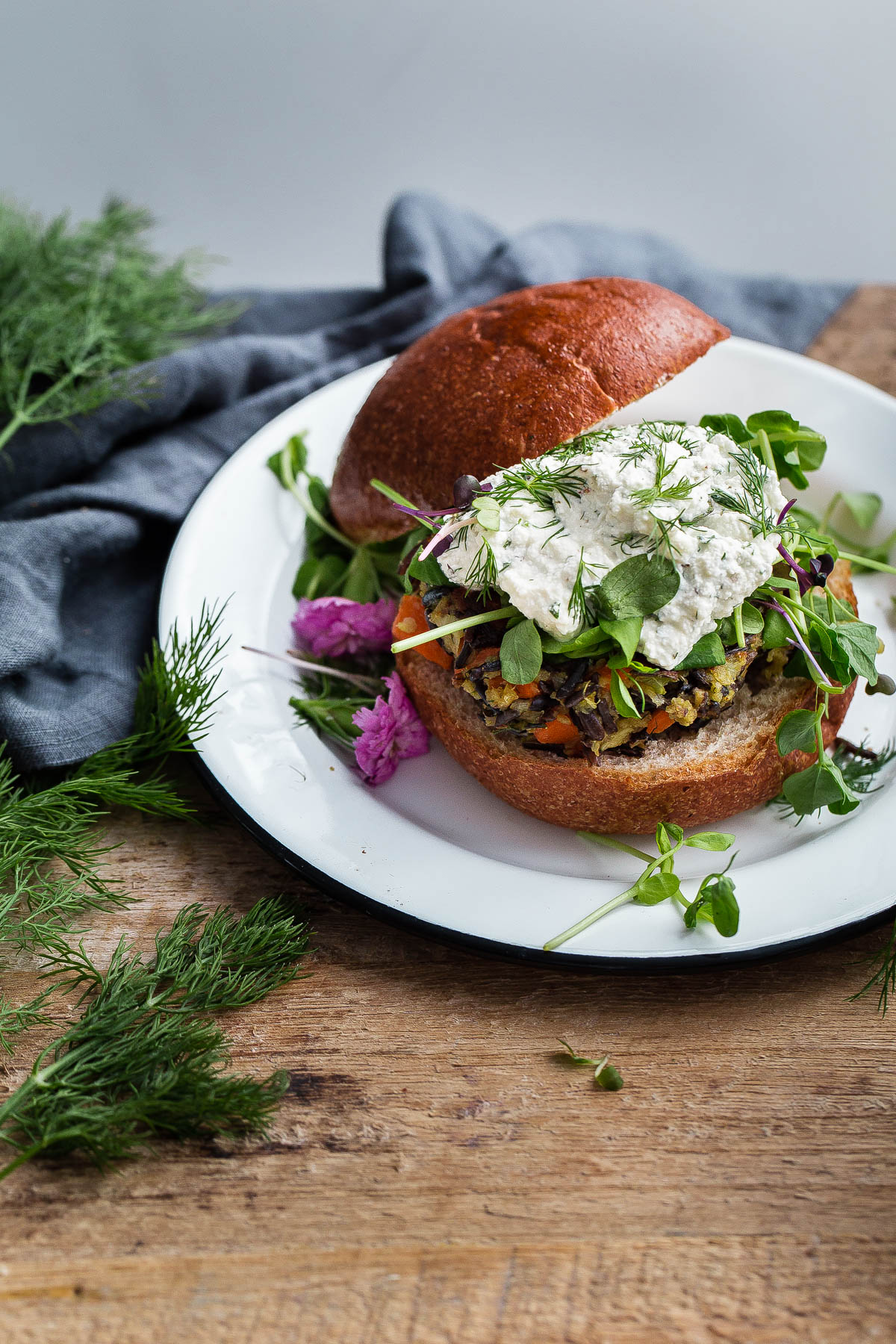 Wild Rice Veggie Burgers with Herbed Ricotta - hearty vegan veggie burger recipe made with wild rice and vegetables!