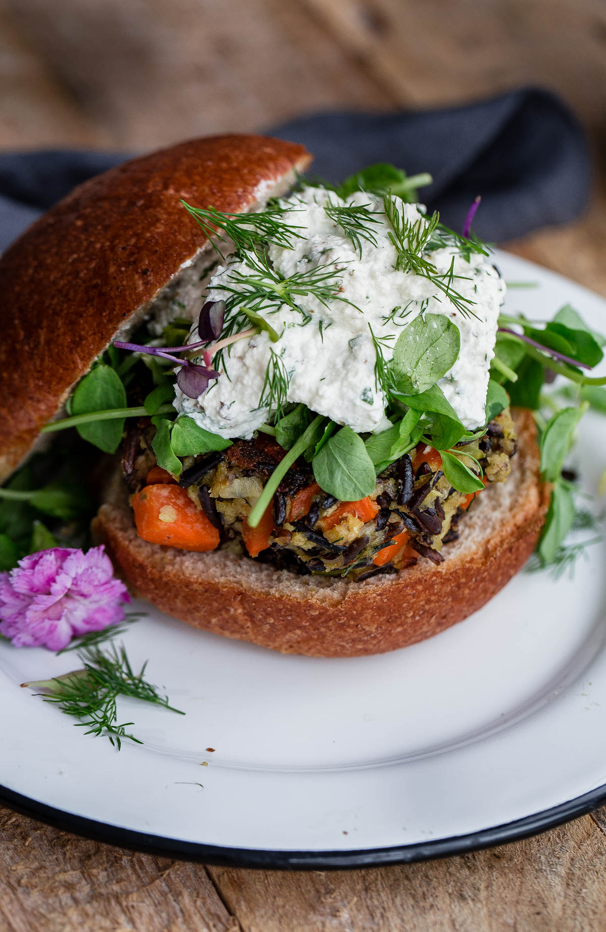 Wild Rice Veggie Burgers with Herbed Ricotta - hearty vegan veggie burger recipe made with wild rice and vegetables!