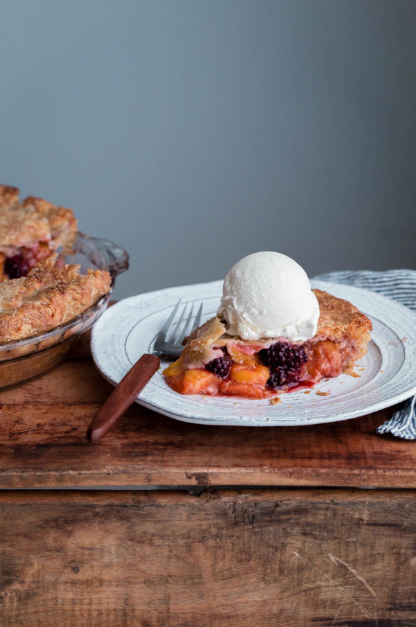 Blackberry Peach Pie. The BEST all-butter flaky pie crust filled with ripe summer peaches and blackberries!
