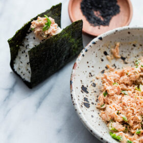 Spicy Tuna Onigiri - traditional Japanese onigiri filled with spicy Bella Portofino tuna.