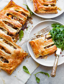 Butternut Squash Pie - a savory puff pastry pie filled with roasted butternut squash, shallots, radicchio, and feta cheese!