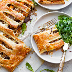 Butternut Squash Pie - a savory puff pastry pie filled with roasted butternut squash, shallots, radicchio, and feta cheese!