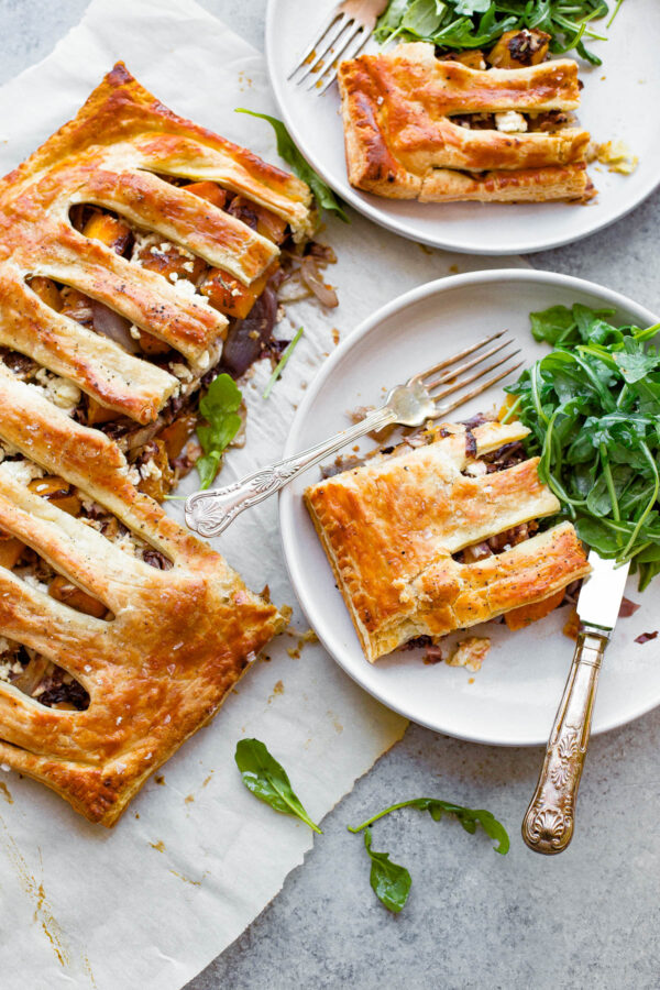 Butternut Squash Pie - a savory puff pastry pie filled with roasted butternut squash, shallots, radicchio, and feta cheese!