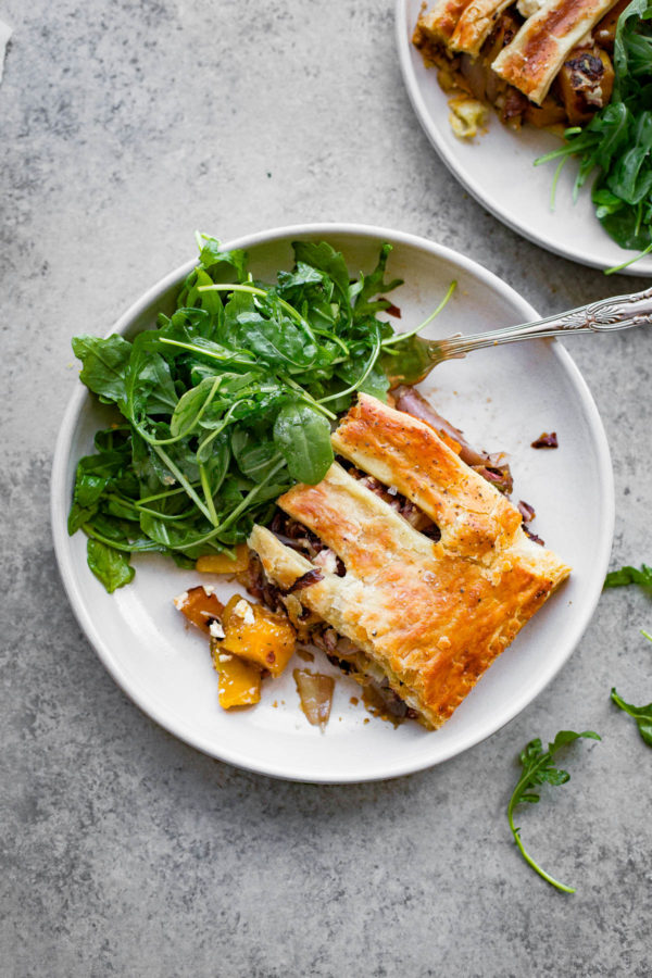 Butternut Squash Pie - a savory puff pastry pie filled with roasted butternut squash, shallots, radicchio, and feta cheese!