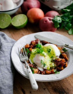 Chorizo and Potato Hash Eggs Benedict with Cilantro Hollandaise