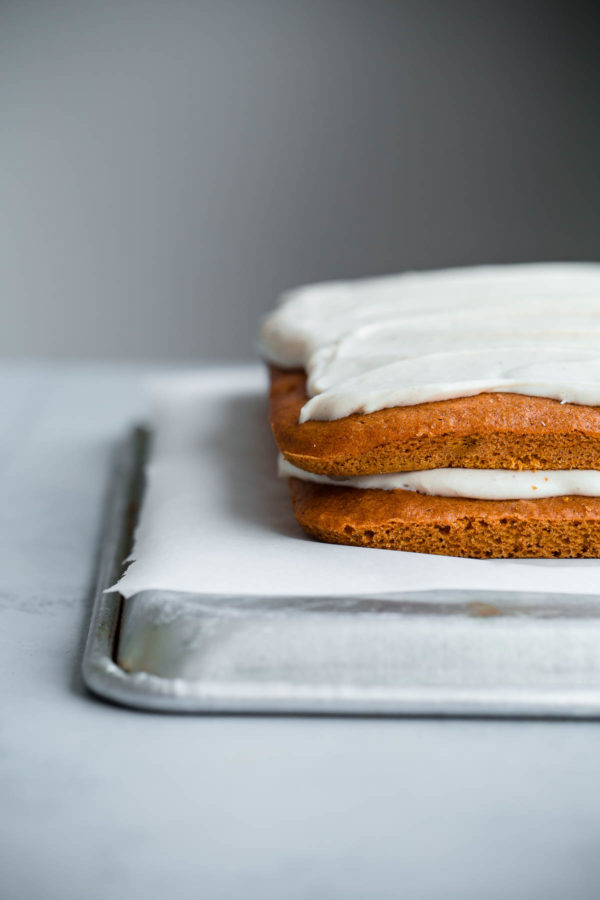 Pumpkin Sheet Cake with Spiced Cream Cheese Frosting. A rich, decadent fall cake!