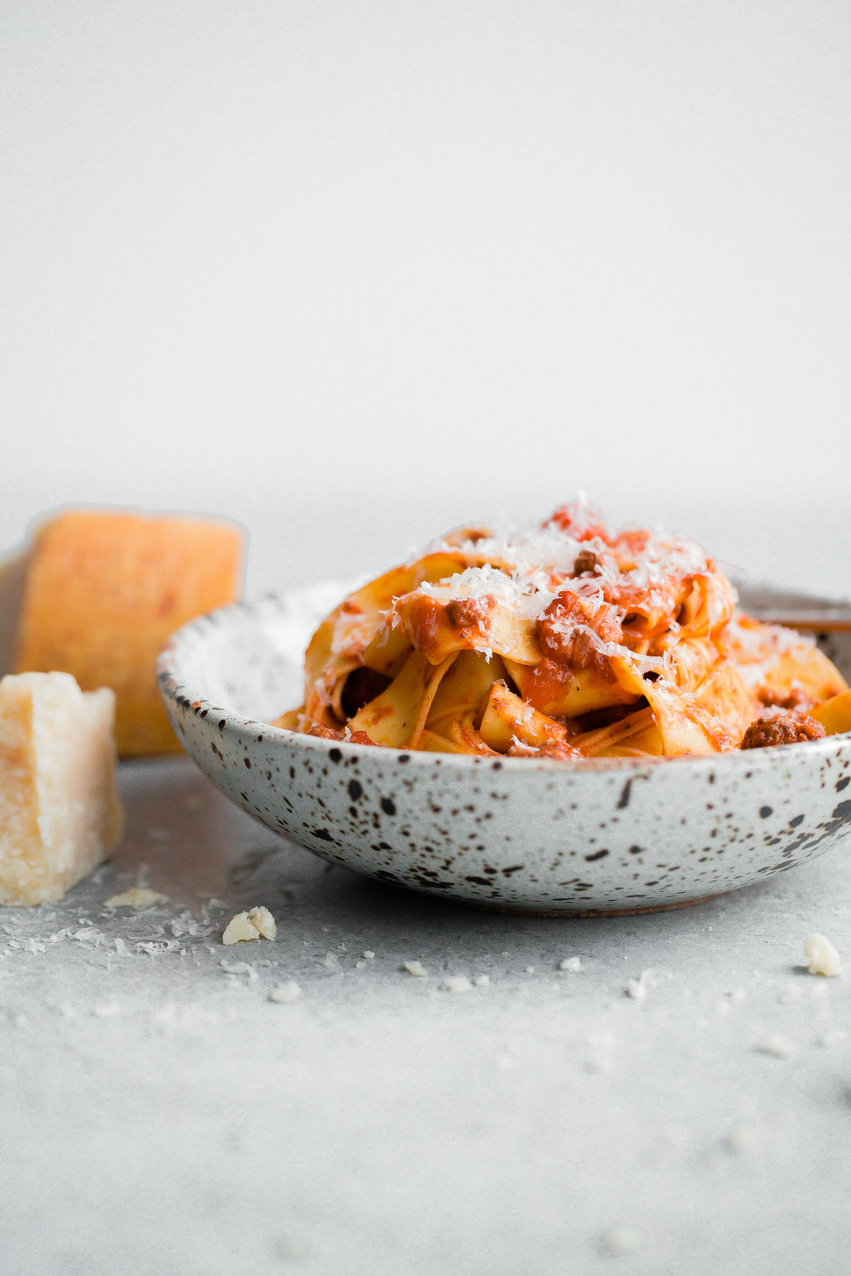 Bolognese Pasta in Bowl with Parmesan