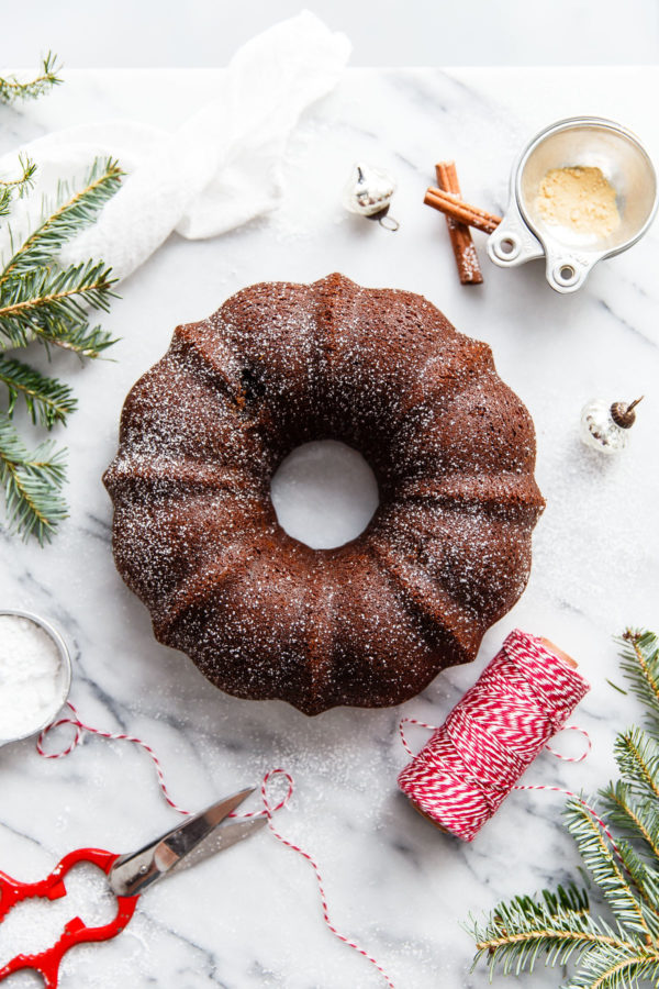 Gingerbread Bundt Cake - this easy, perfectly spiced bundt cake is served with an eggnog whipped cream. A festive cake recipe for the holiday season!