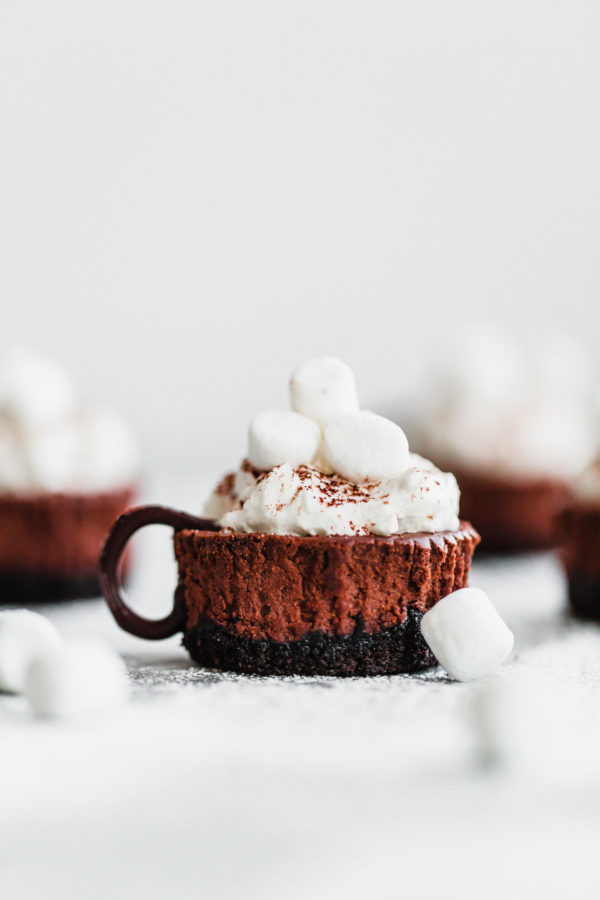 Hot Cocoa Cheesecake Minis – these SIMPLE, no-fail mini cheesecakes are given a hot cocoa twist with whipped cream, mini marshmallows, and a light dusting of cocoa powder! [sponsored by @SpreadPhilly] #cheesecake #holiday #dessert #ItMustBeThePhilly