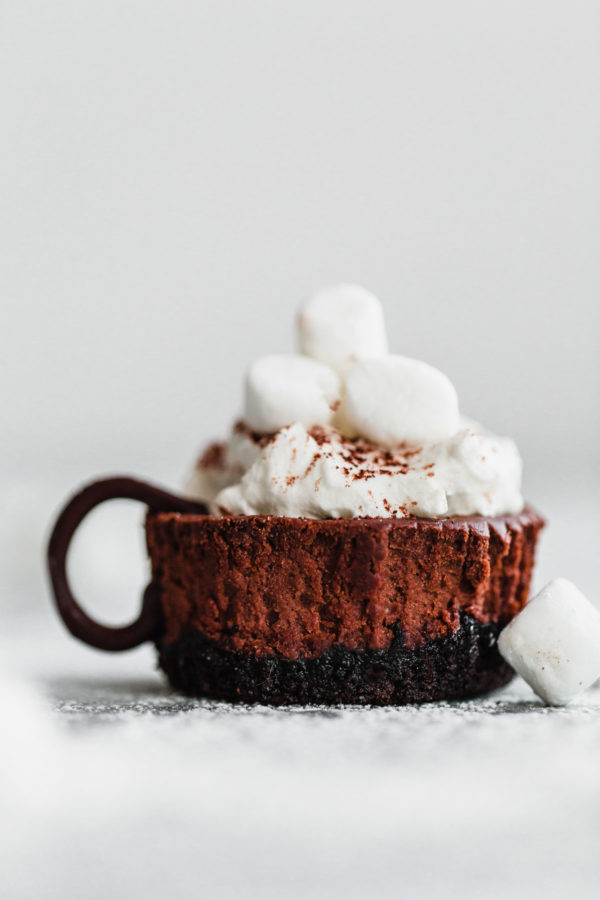 Hot Cocoa Cheesecake Minis – these SIMPLE, no-fail mini cheesecakes are given a hot cocoa twist with whipped cream, mini marshmallows, and a light dusting of cocoa powder! [sponsored by @SpreadPhilly]#cheesecake #holiday #dessert #ItMustBeThePhilly