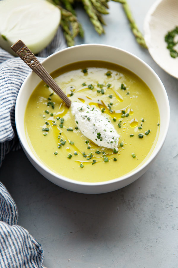 Asparagus Potato Soup with Chive Cream