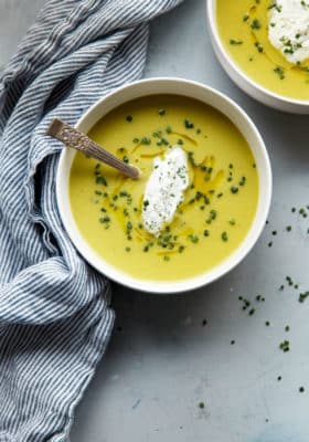 Asparagus Potato Soup with Chive Cream