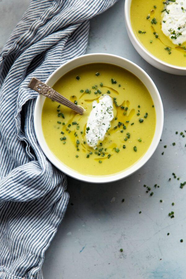 Asparagus Potato Soup with Chive Cream