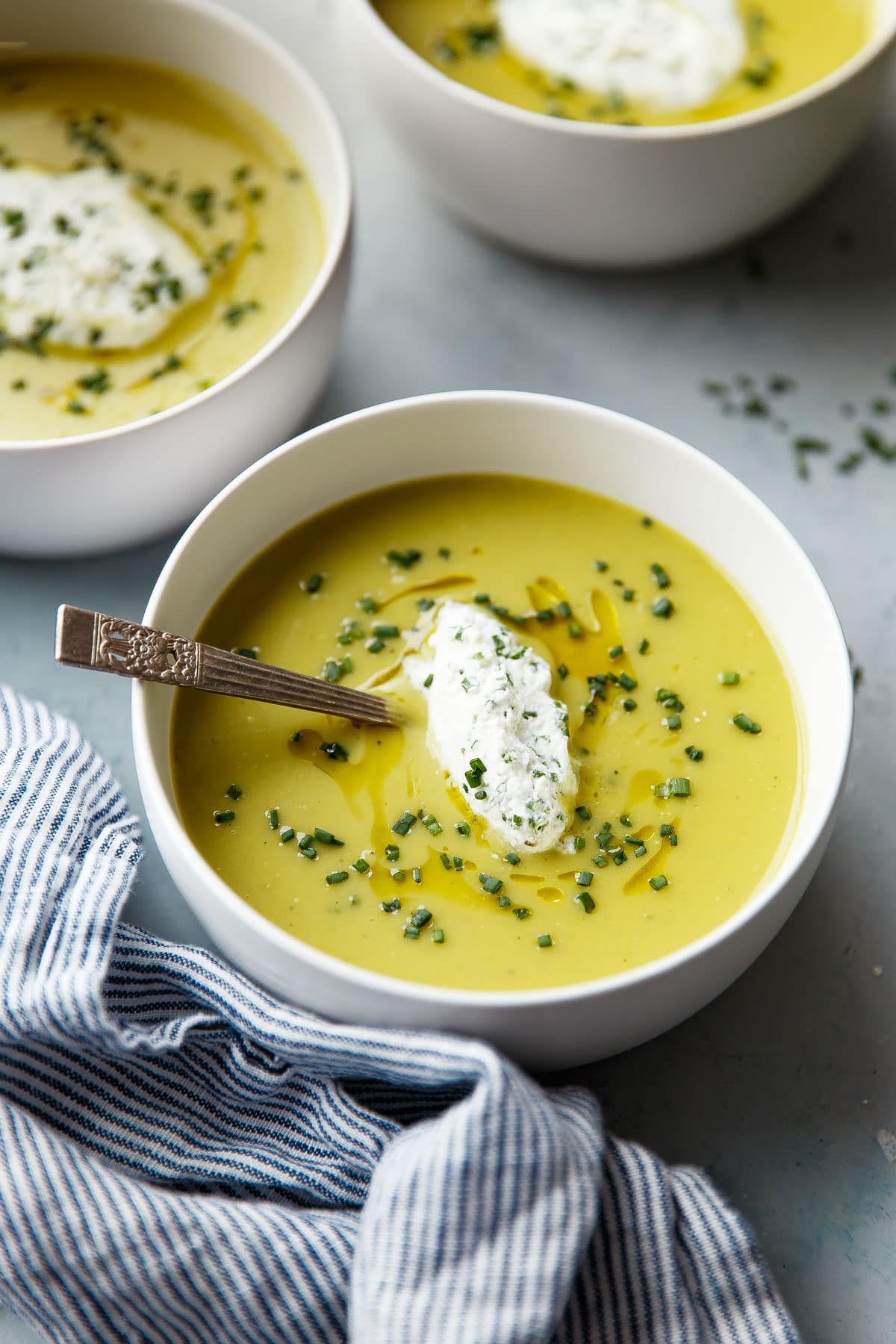 Asparagus Potato Soup with Chive Cream A Beautiful Plate